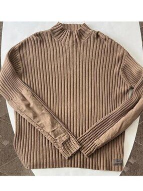 Vintage VTG 90s AE Y2K Thick Ribbed Arm Patch Tan Mock Cotton Sweater Men's L